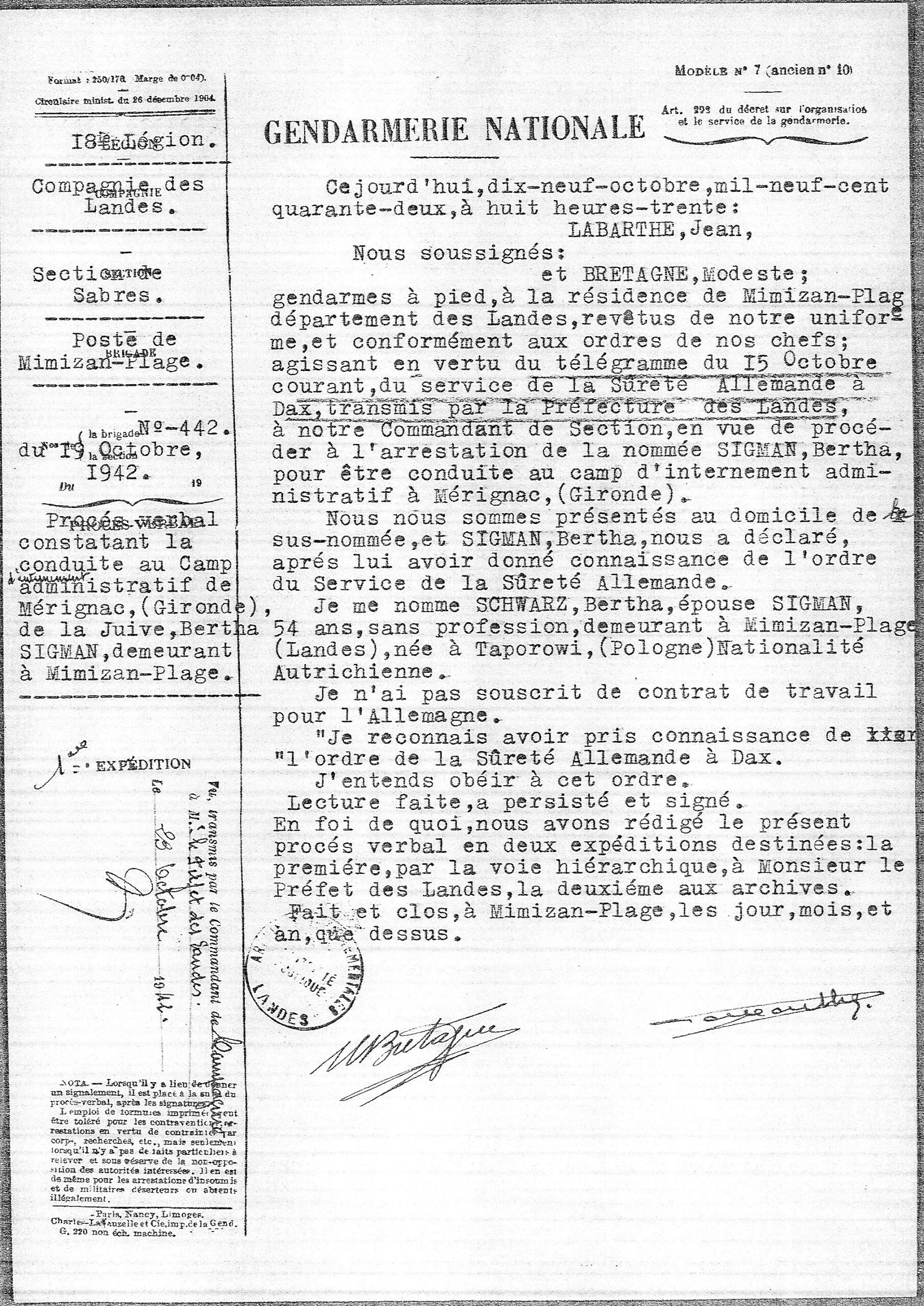 1942 10 19 arrestation rafle sigman schwarz