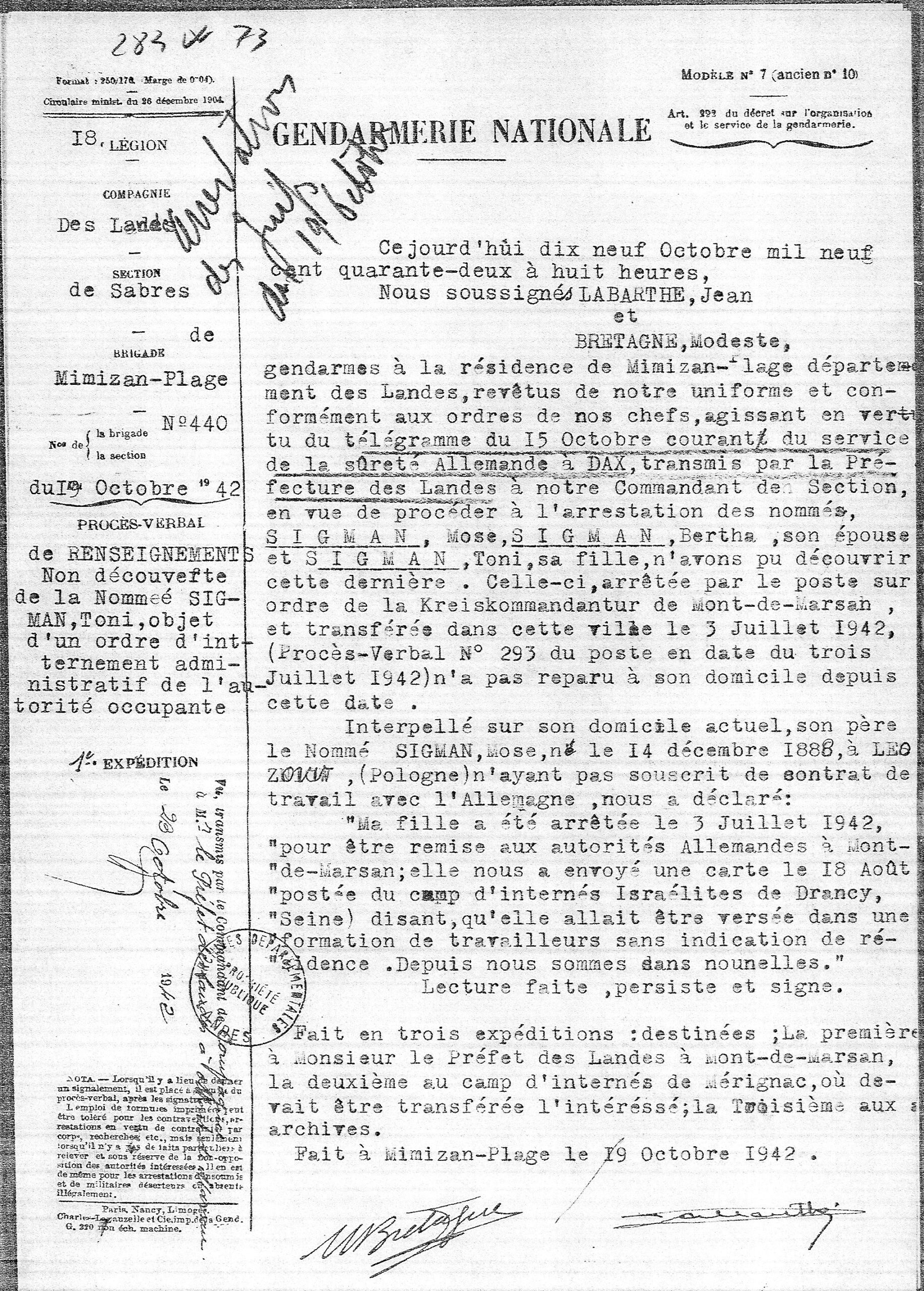 1942 10 19 arrestation sigman rafle