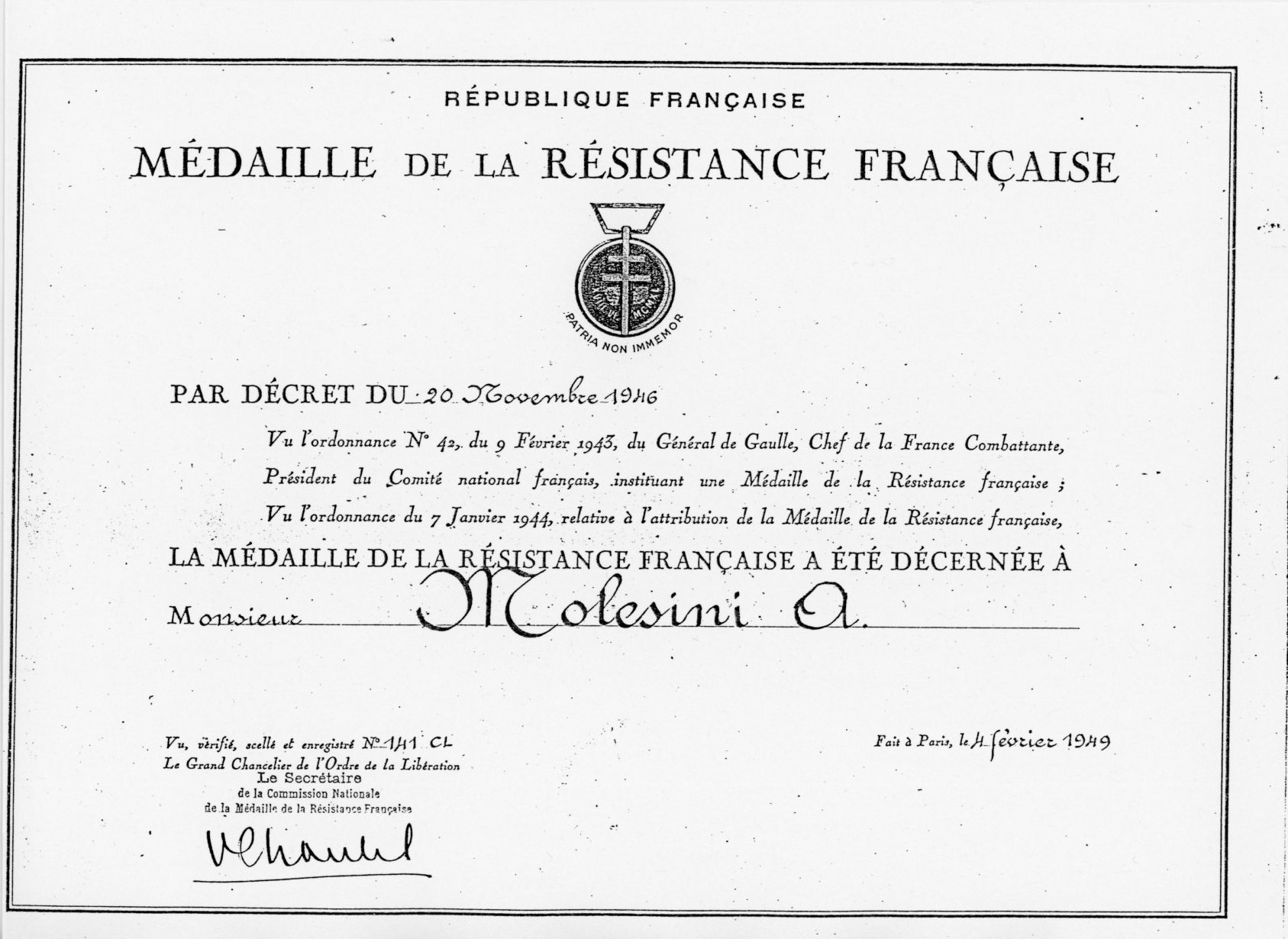 1949 molesini medaille resistance