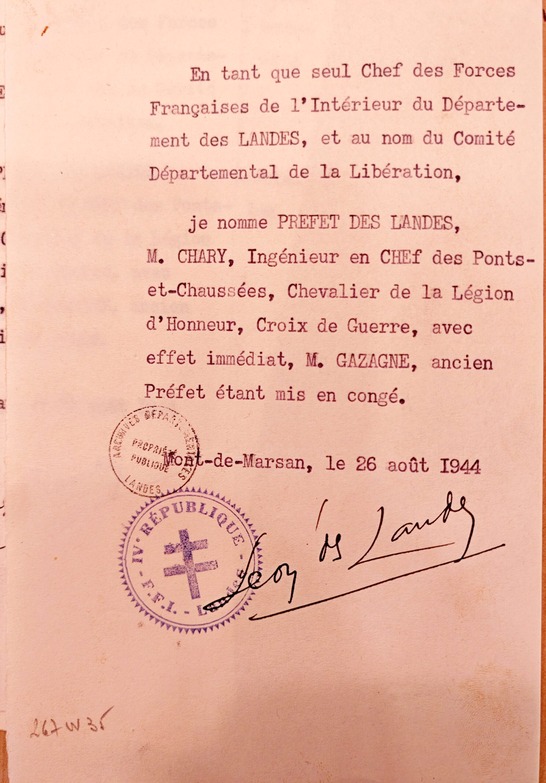 1944 08 26 nomination chary léon des landes cdl