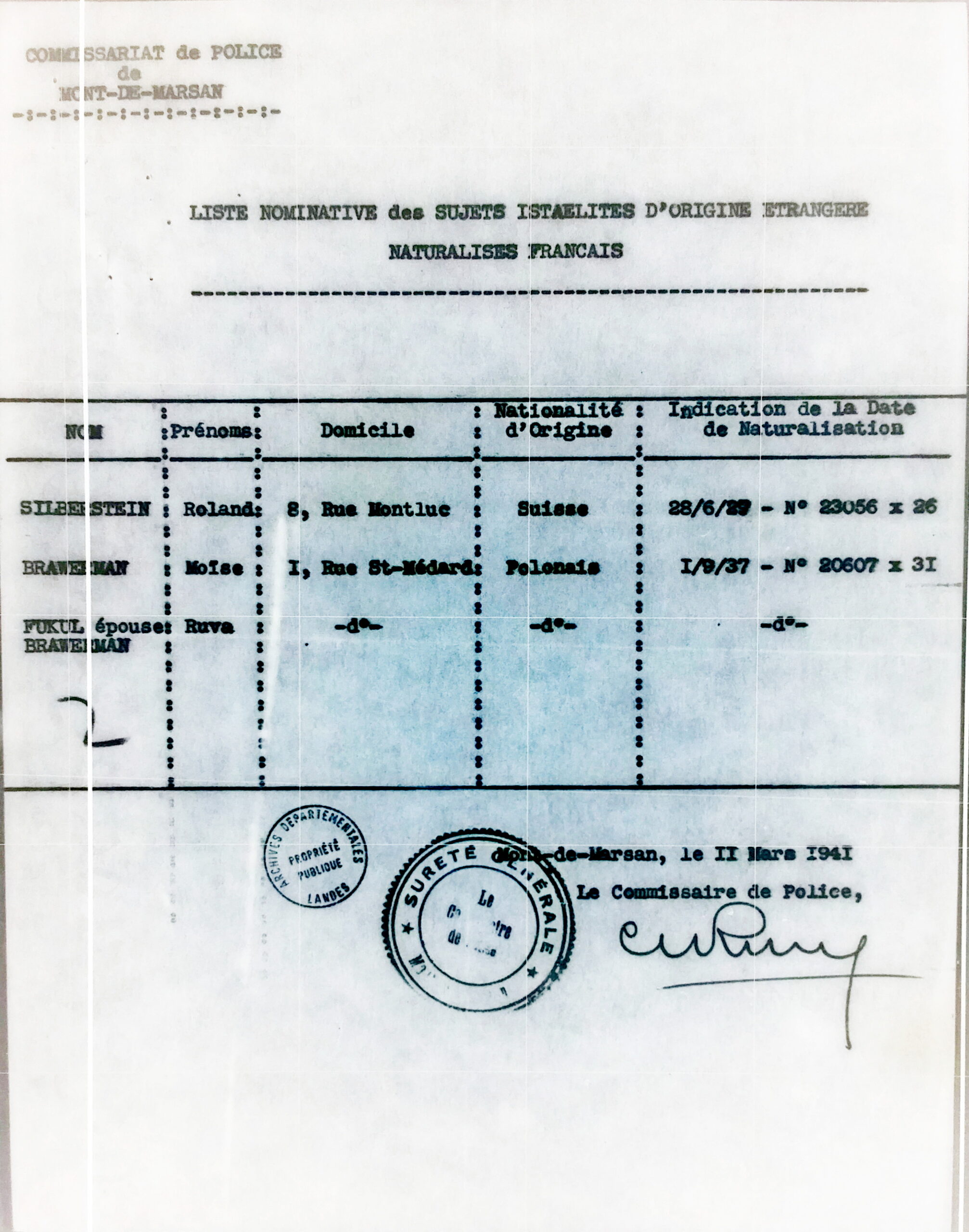1941 03 11 liste mdm ville etrangers naturalisés silberstein brawerman