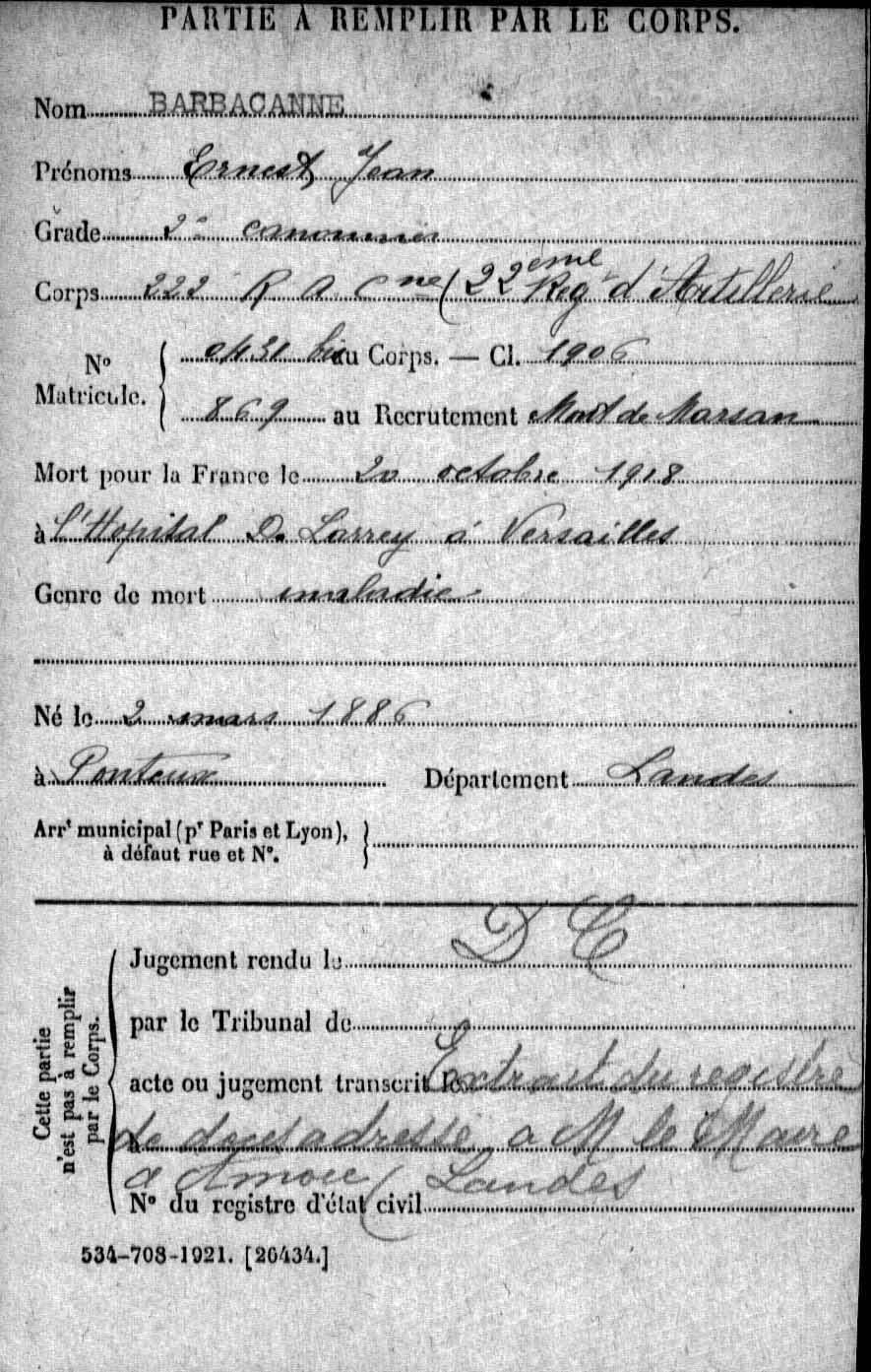 barbacanne ernest fiche matricule